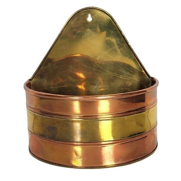 VTG MCM Farmhouse Banded Copper & Brass Shiny Wall Pocket Planter Made in India - Picture 6 of 11